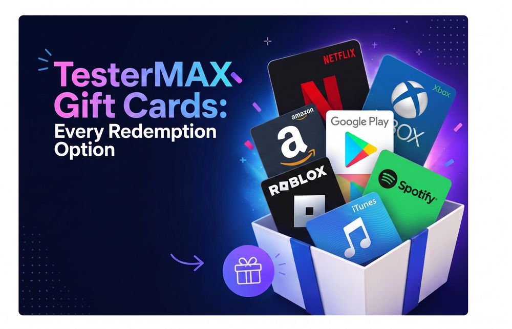TesterMAX gift card redemption options including PayPal, Amazon, Steam and Netflix.jpeg
